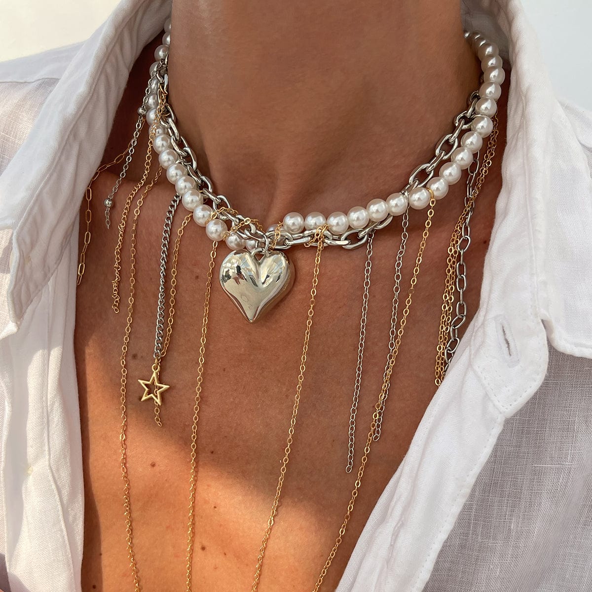 Stylish Layered Heart Pendant Cross Star Tassel Long Chain Pearl Necklace - ArtGalleryZen
