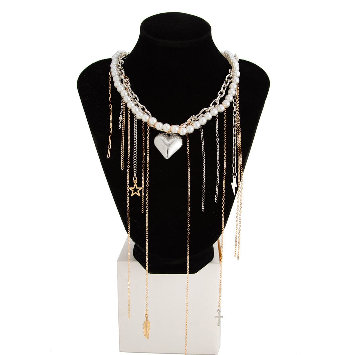 Stylish Layered Heart Pendant Cross Star Tassel Long Chain Pearl Necklace - ArtGalleryZen