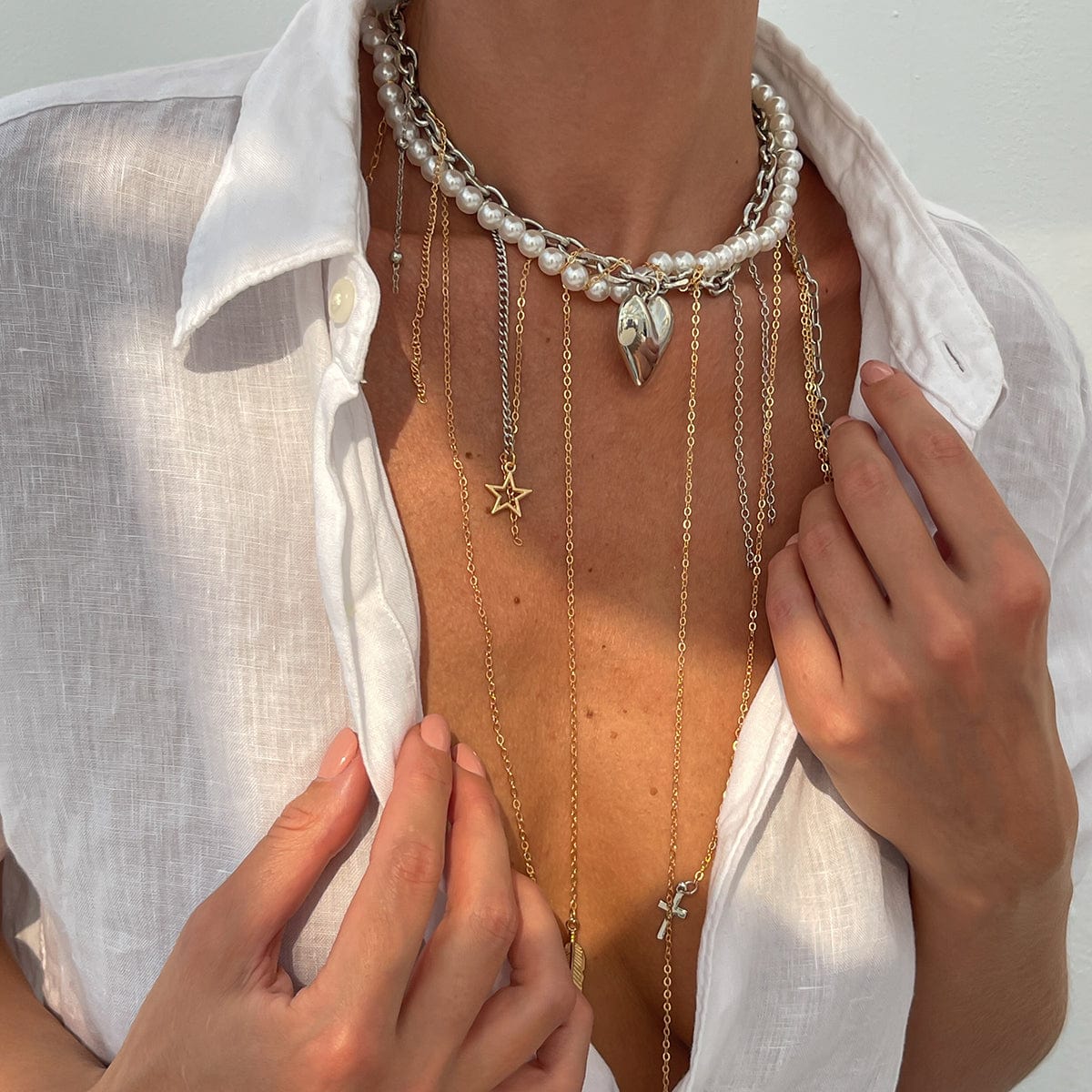 Stylish Layered Heart Pendant Cross Star Tassel Long Chain Pearl Necklace - ArtGalleryZen