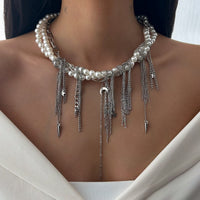Thumbnail for Stylish Layered Moon Star Chain Tassel Pearl Necklace - ArtGalleryZen