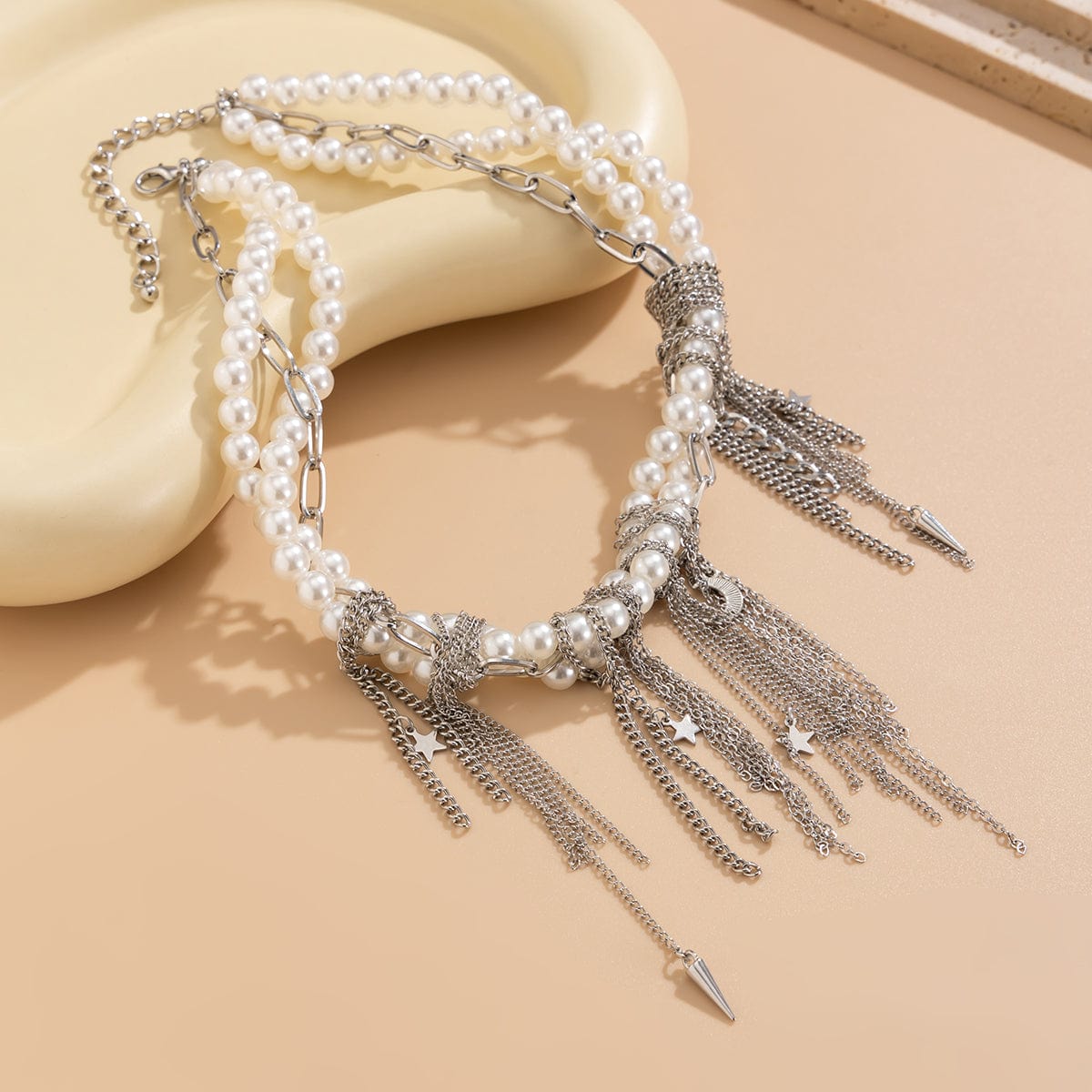 Stylish Layered Moon Star Chain Tassel Pearl Necklace - ArtGalleryZen