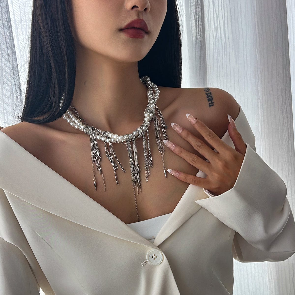 Stylish Layered Moon Star Chain Tassel Pearl Necklace - ArtGalleryZen