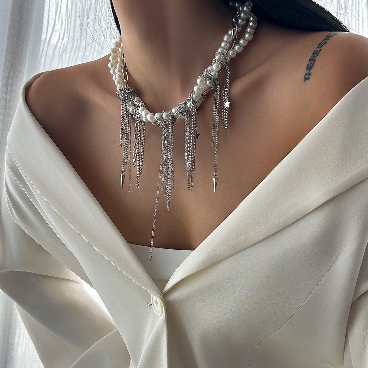 Stylish Layered Moon Star Chain Tassel Pearl Necklace - ArtGalleryZen