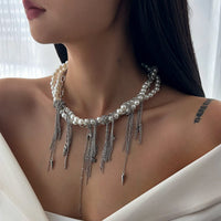 Thumbnail for Stylish Layered Moon Star Chain Tassel Pearl Necklace - ArtGalleryZen