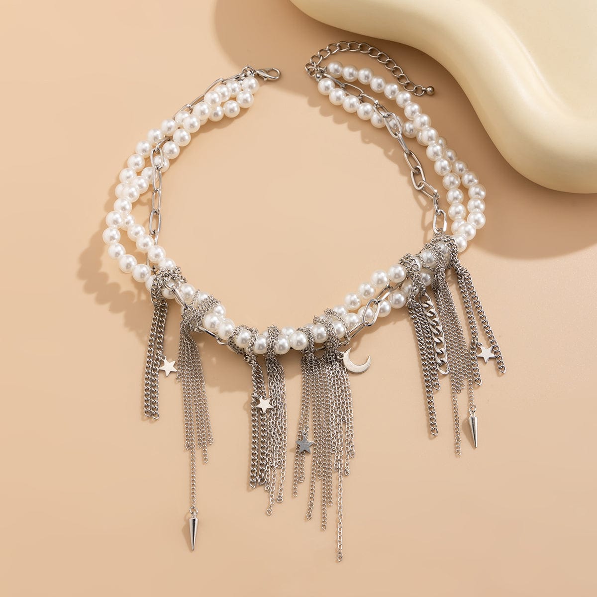 Stylish Layered Moon Star Chain Tassel Pearl Necklace - ArtGalleryZen