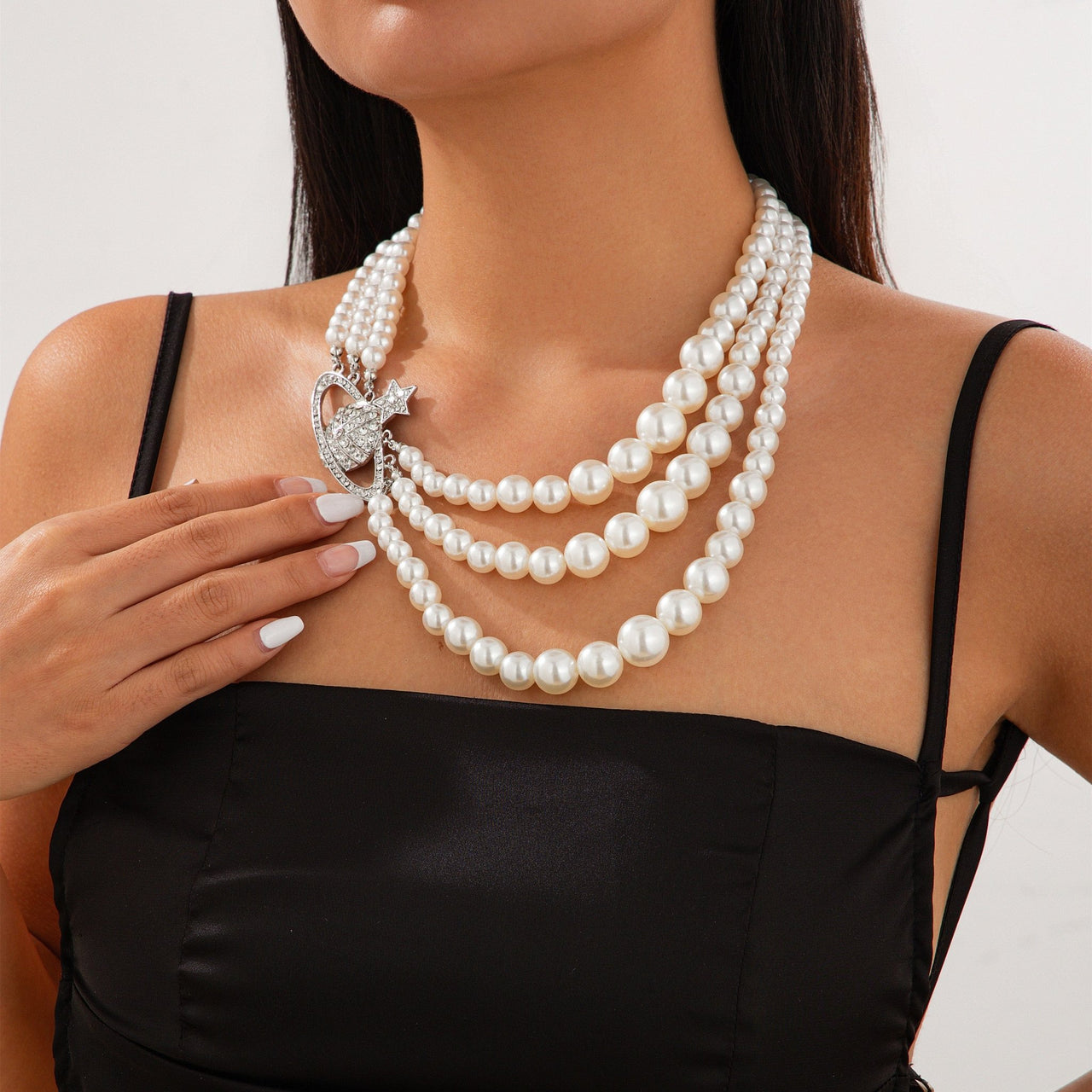Stylish Layering Rhinestone Inlaid Saturn Charm Pearl Chain Necklace - ArtGalleryZen