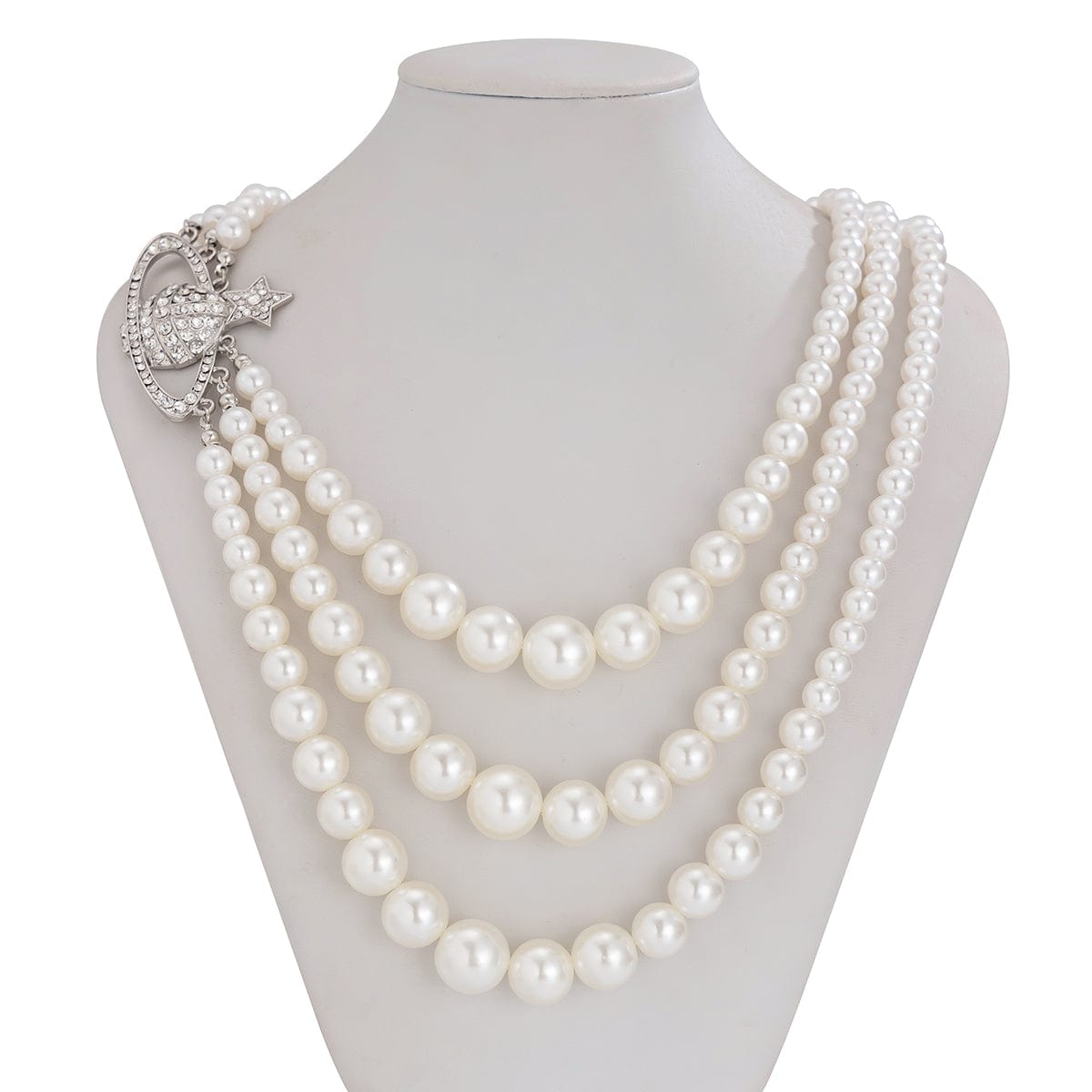 Stylish Layering Rhinestone Inlaid Saturn Charm Pearl Chain Necklace - ArtGalleryZen