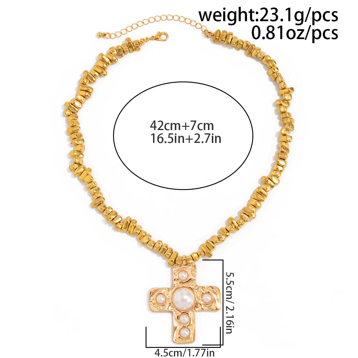 Stylish Pearl Inlaid Cross Pendant Irregular Beaded Chain Choker Necklace - ArtGalleryZen