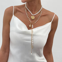 Thumbnail for Summer Beach Style Layered Conch Cross Pendant Pearl Chain Y Necklace Set - ArtGalleryZen