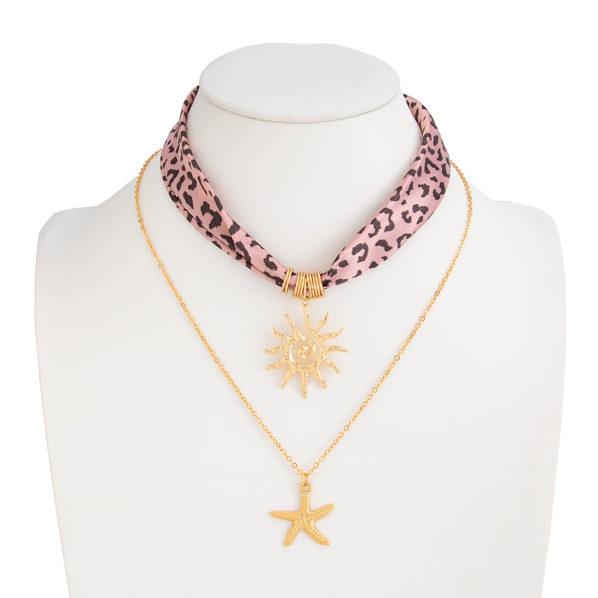 Sun Starfish Pendant Leopard Print Satin Necklace Set 2 Pcs Boho - ArtGalleryZen