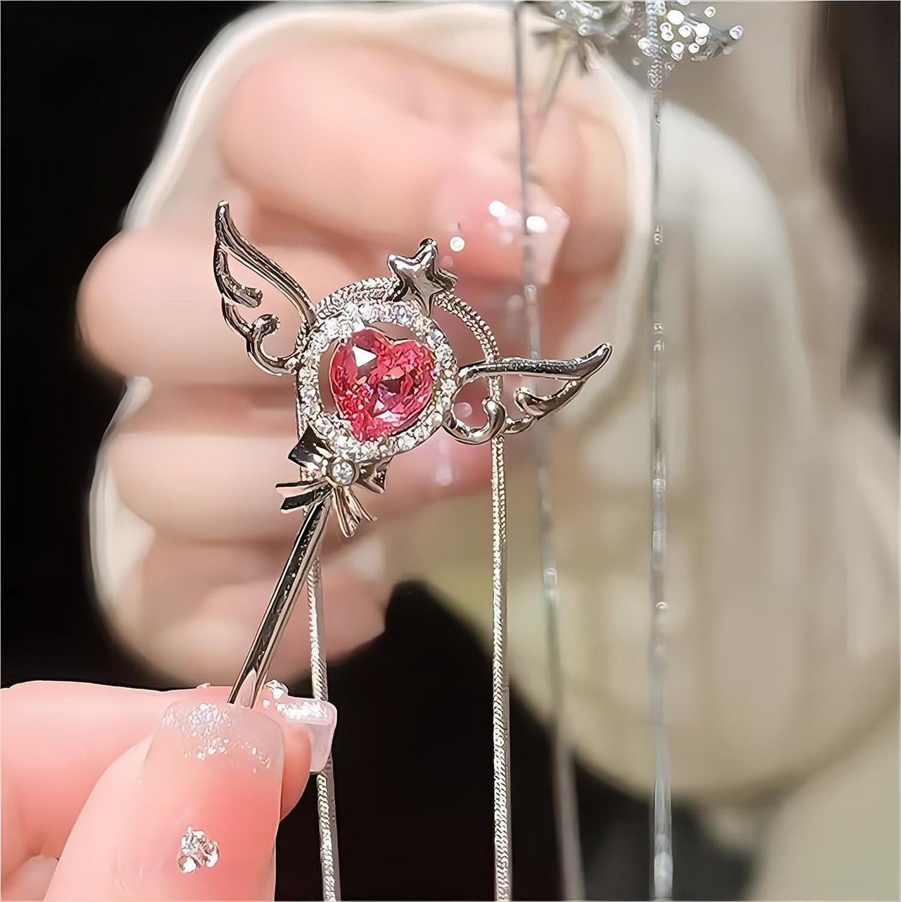 Swarovski Crystal Pink Heart Magic Wand Necklace - ArtGalleryZen