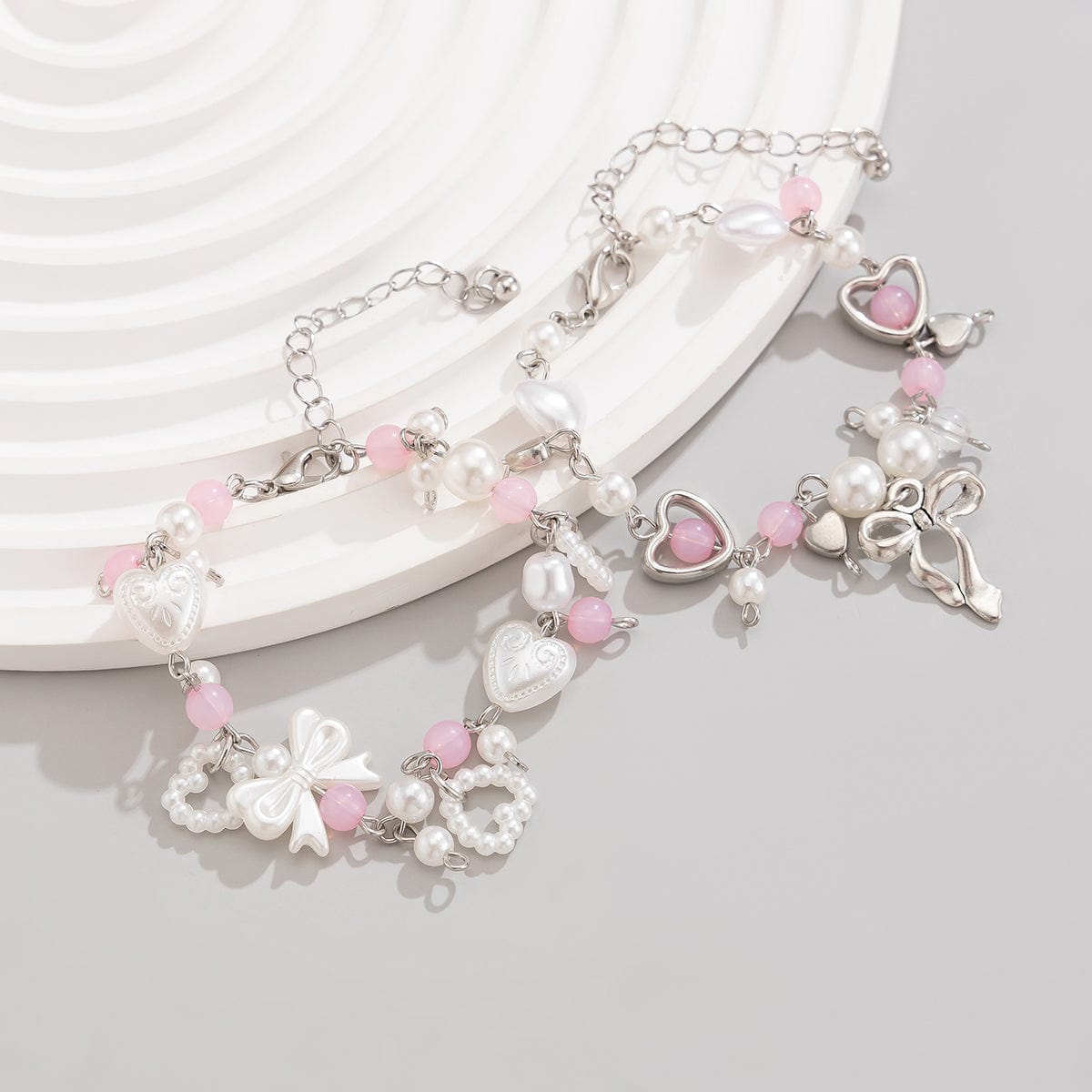 Sweet 2pcs Bowknot Heart Charm Pearl Crystal Chain Bracelet Set - ArtGalleryZen