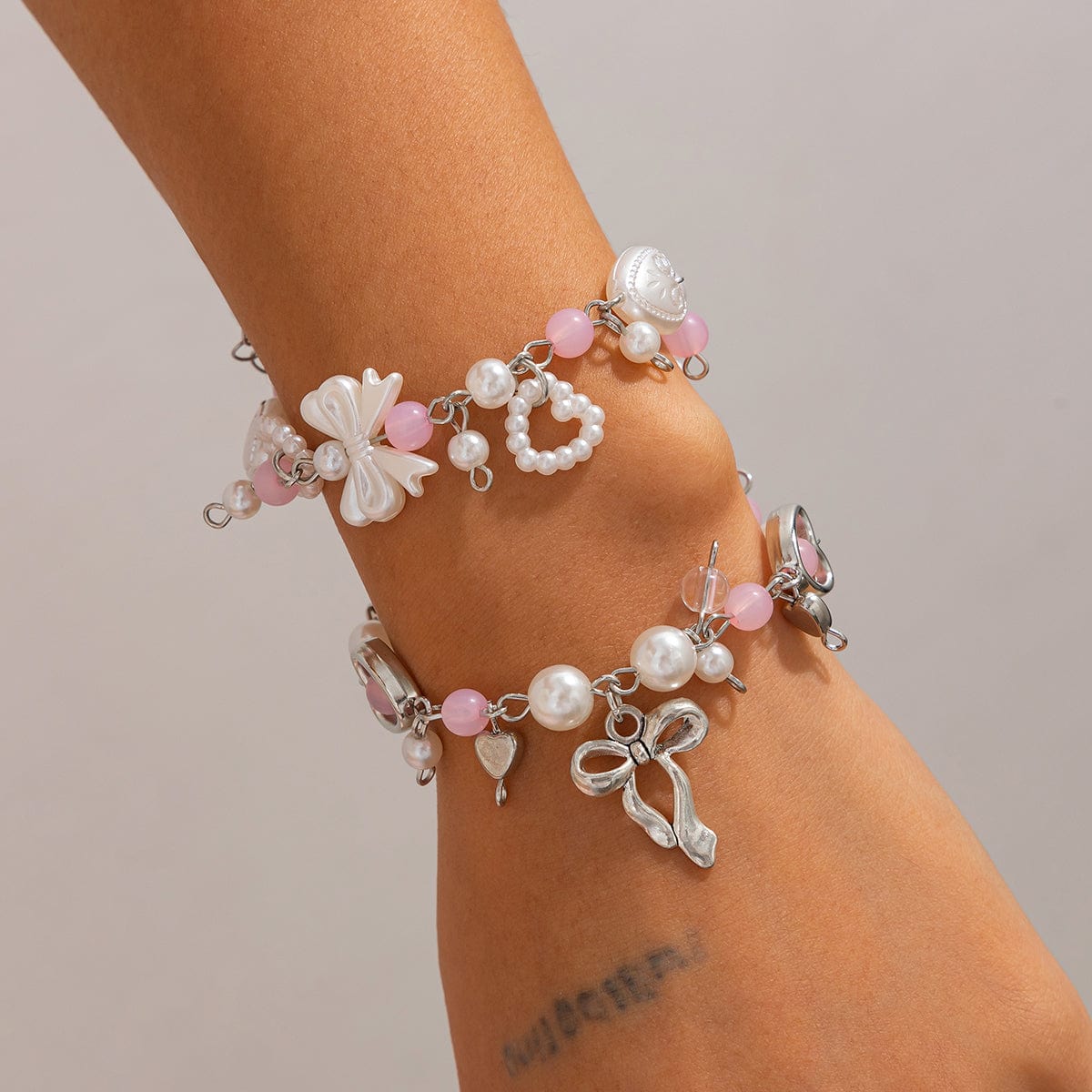 Sweet 2pcs Bowknot Heart Charm Pearl Crystal Chain Bracelet Set - ArtGalleryZen