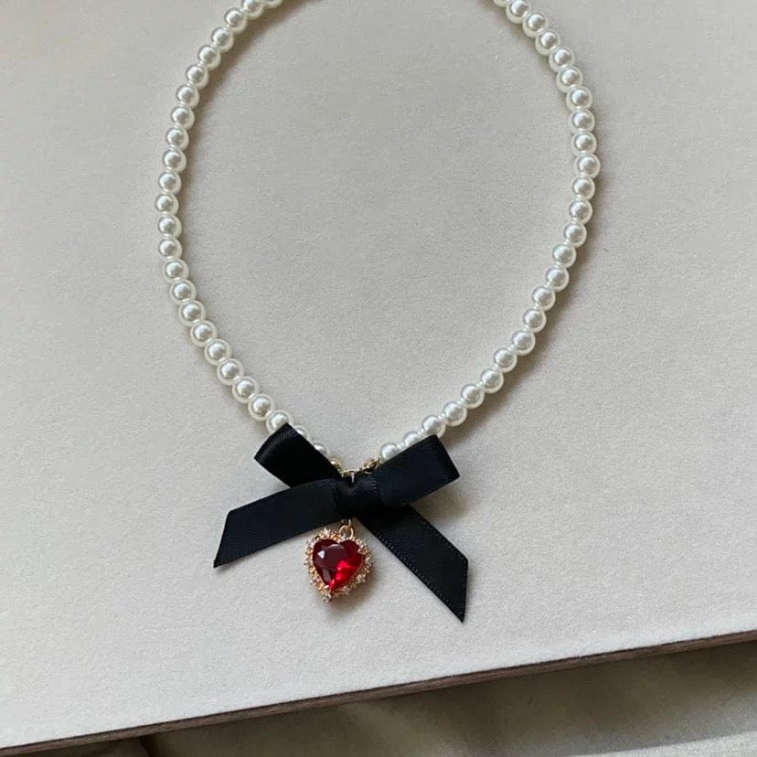 Sweet CZ Inlaid Heart Ribbon Bowknot Pendant Pearl Chain Necklace - ArtGalleryZen
