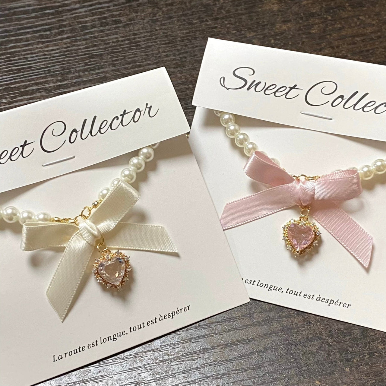 Sweet CZ Inlaid Heart Ribbon Bowknot Pendant Pearl Chain Necklace - ArtGalleryZen
