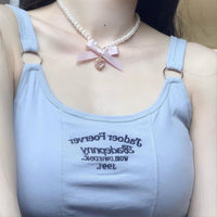 Thumbnail for Sweet CZ Inlaid Heart Ribbon Bowknot Pendant Pearl Chain Necklace - ArtGalleryZen