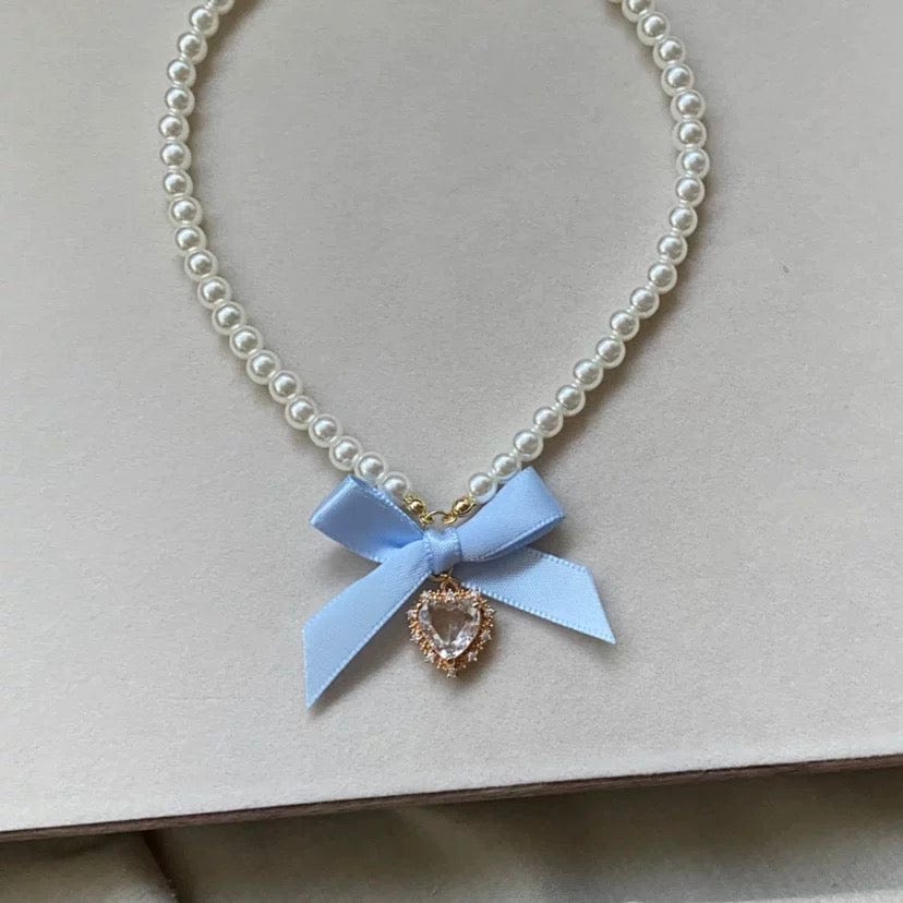 Sweet CZ Inlaid Heart Ribbon Bowknot Pendant Pearl Chain Necklace - ArtGalleryZen