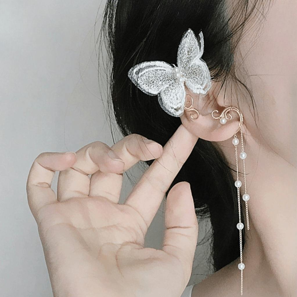 Sweet Embroidery Butterfly Pearl Chain Tassel Elf Ear Cuff Wrap Earring - ArtGalleryZen