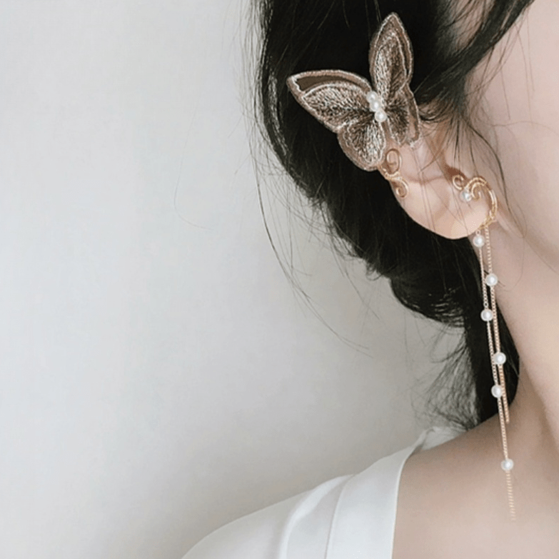 Sweet Embroidery Butterfly Pearl Chain Tassel Elf Ear Cuff Wrap Earring - ArtGalleryZen