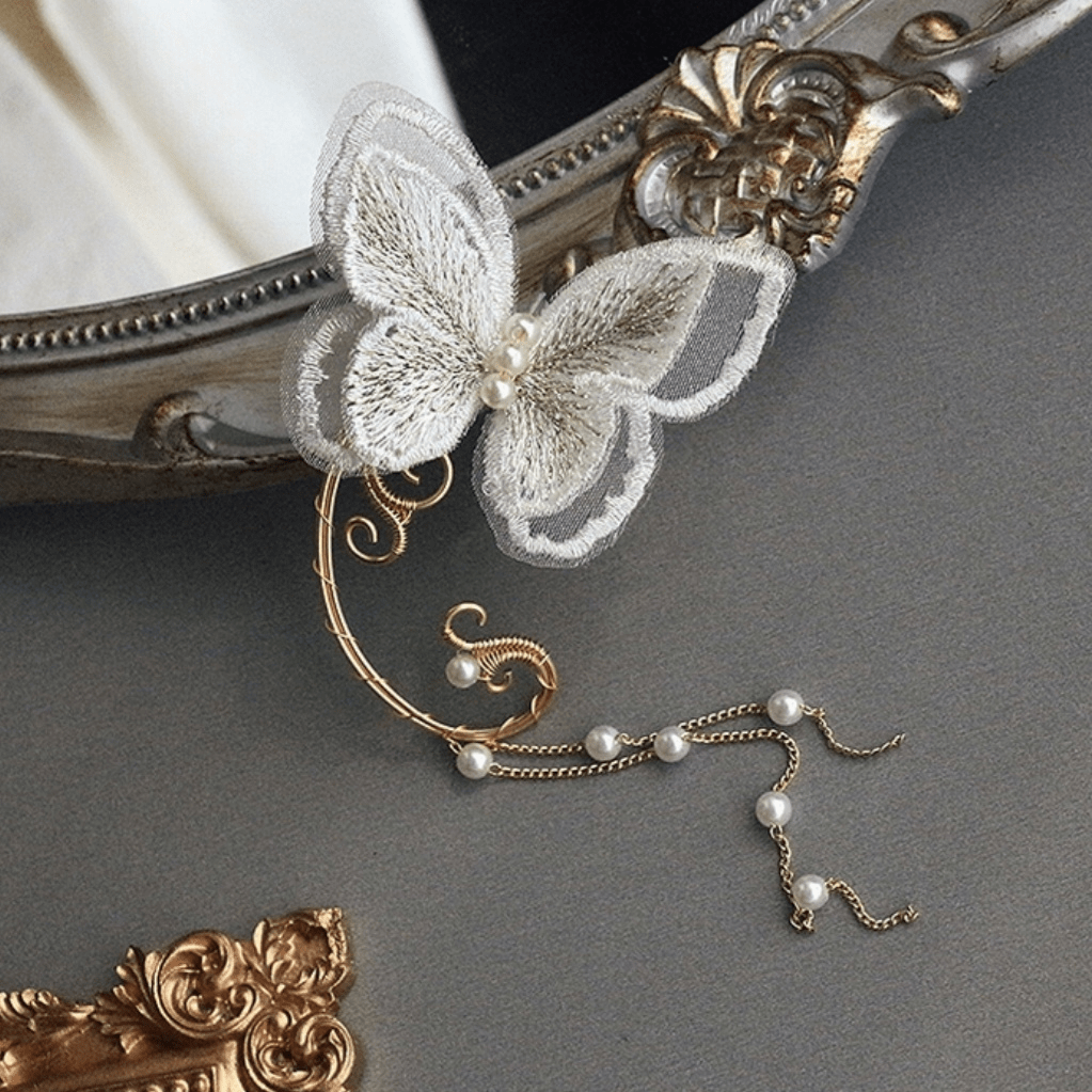 Sweet Embroidery Butterfly Pearl Chain Tassel Elf Ear Cuff Wrap Earring - ArtGalleryZen