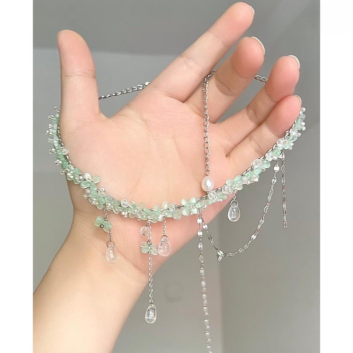 Sweet Glass Flower Beaded Crystal Tassel Choker Necklace - ArtGalleryZen