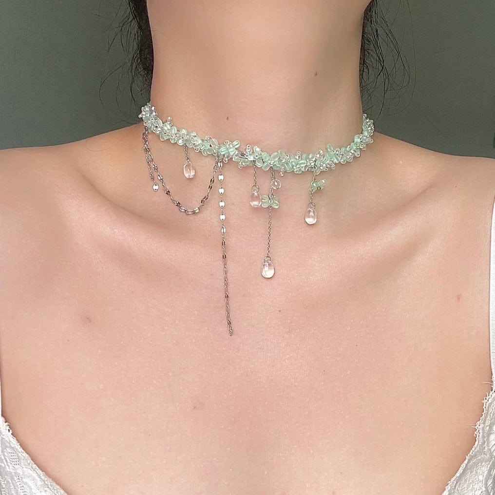 Sweet Glass Flower Beaded Crystal Tassel Choker Necklace - ArtGalleryZen