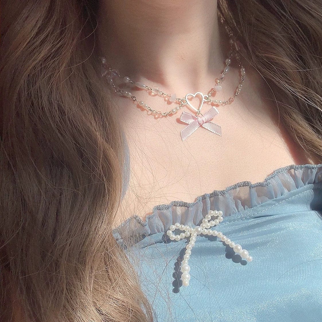 Sweet Layered Bowknot Heart Charm Pearl Chain Necklace - ArtGalleryZen