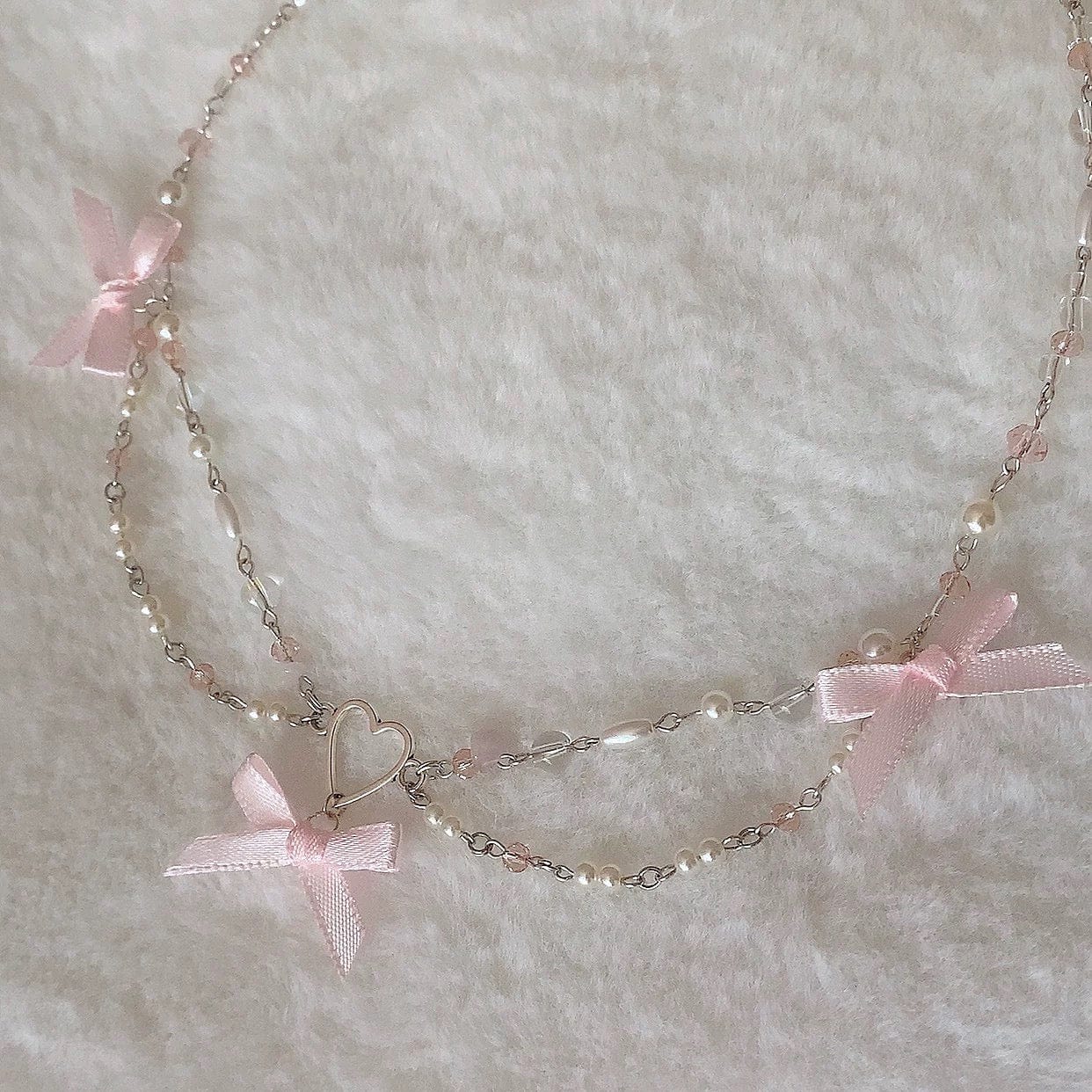 Sweet Layered Bowknot Heart Charm Pearl Chain Necklace - ArtGalleryZen