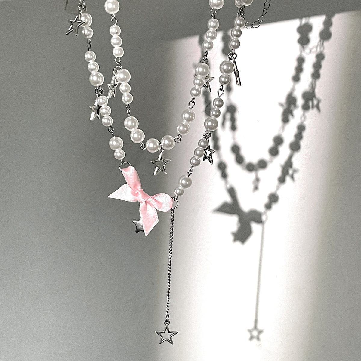 Sweet Layered Bowknot Star Tassel Pearl Chain Y Necklace Set - ArtGalleryZen