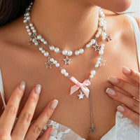 Thumbnail for Sweet Layered Bowknot Star Tassel Pearl Chain Y Necklace Set - ArtGalleryZen