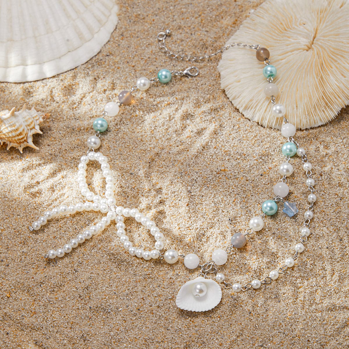 Sweet Layered Shell Bowknot Charm Agate Pearl Chain Necklace - ArtGalleryZen