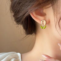 Thumbnail for Sweet Pearl Inlaid Cat's Eye Stone Tulip Earrings - ArtGalleryZen