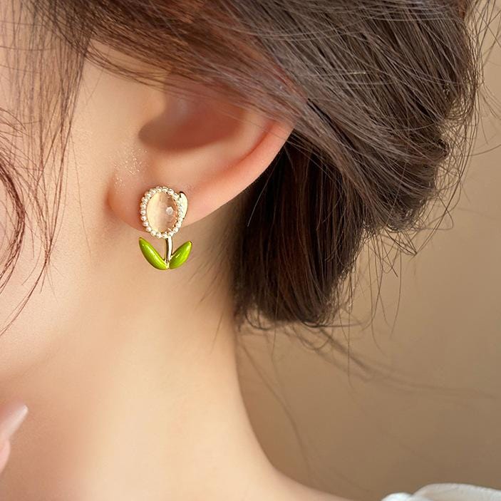 Sweet Pearl Inlaid Cat's Eye Stone Tulip Earrings - ArtGalleryZen