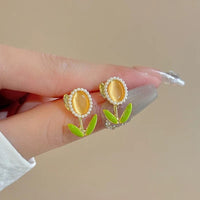 Thumbnail for Sweet Pearl Inlaid Cat's Eye Stone Tulip Earrings - ArtGalleryZen