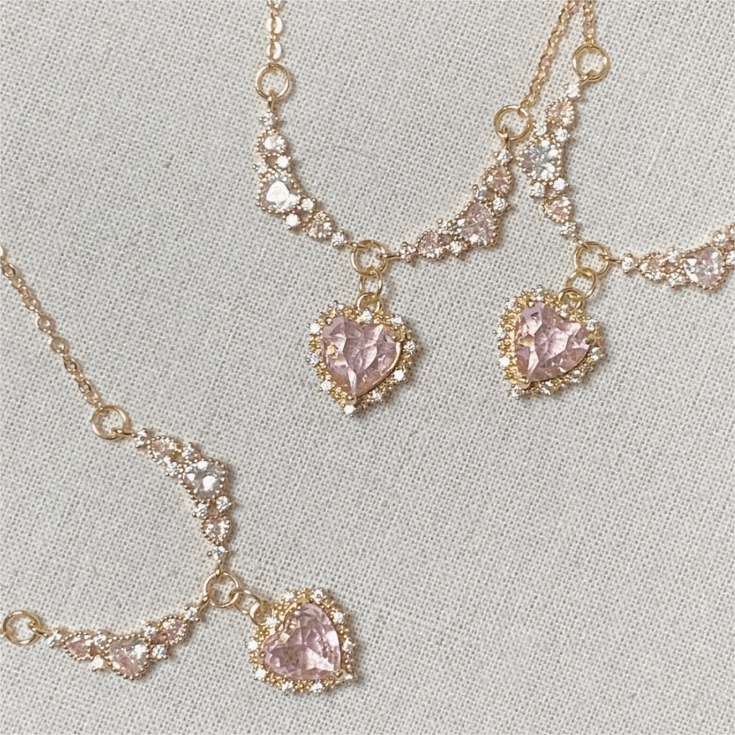 Sweet Pink Crystal Heart Pendant CZ Inlaid Necklace - ArtGalleryZen
