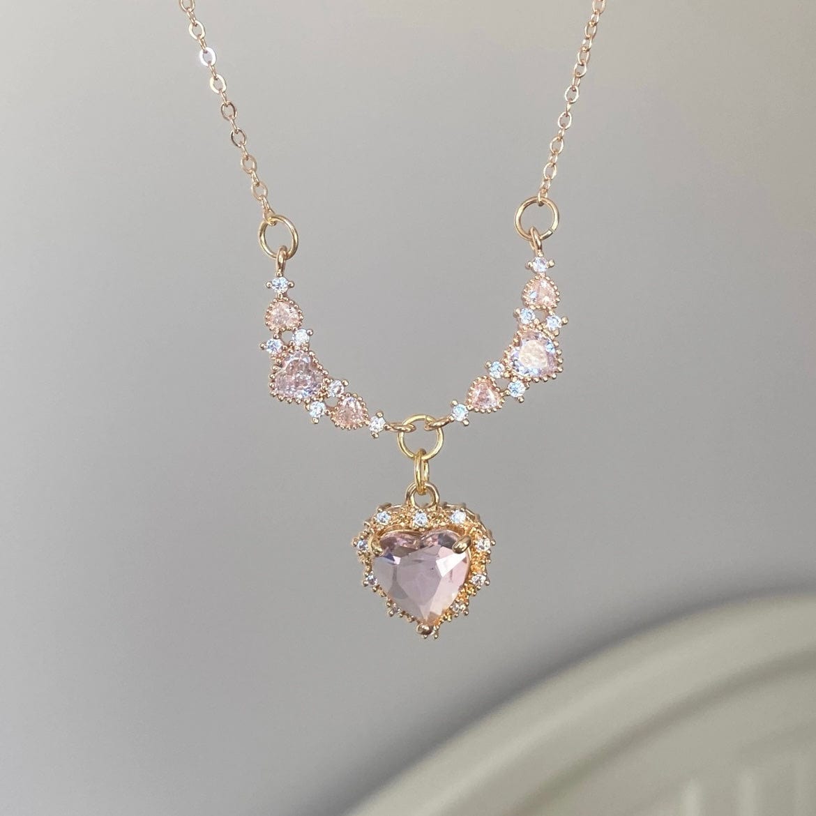 Sweet Pink Crystal Heart Pendant CZ Inlaid Necklace - ArtGalleryZen