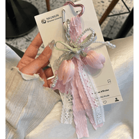 Thumbnail for Sweet Tulip Bowknot Pearl Lace Charm Heart Keychain - ArtGalleryZen