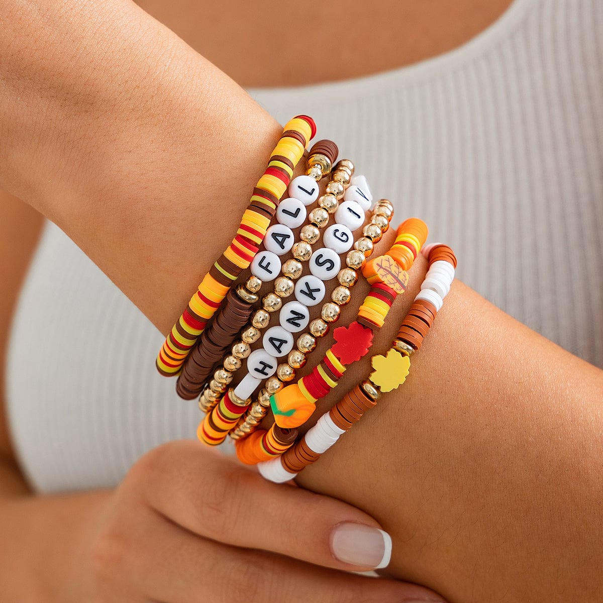 Thanksgiving 5pcs Maple Leaf Pumpkin Charm Letter Polymer Clay Beaded Bracelet Set - ArtGalleryZen