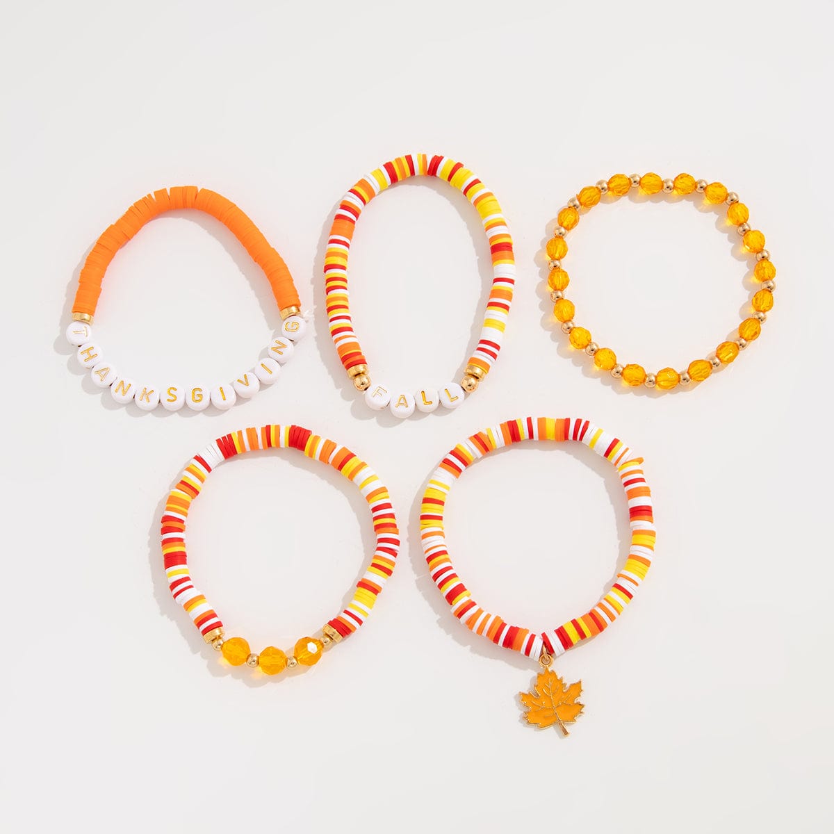 Thanksgiving Layered Maple Leaf Charm Letter Crystal Beaded Stackable Bracelet Set - ArtGalleryZen