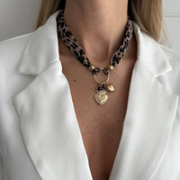 Thumbnail for Tiger Eye Stone Heart Pendant Leopard Print Chiffon Choker Necklace - ArtGalleryZen