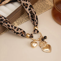 Thumbnail for Tiger Eye Stone Heart Pendant Leopard Print Chiffon Choker Necklace - ArtGalleryZen