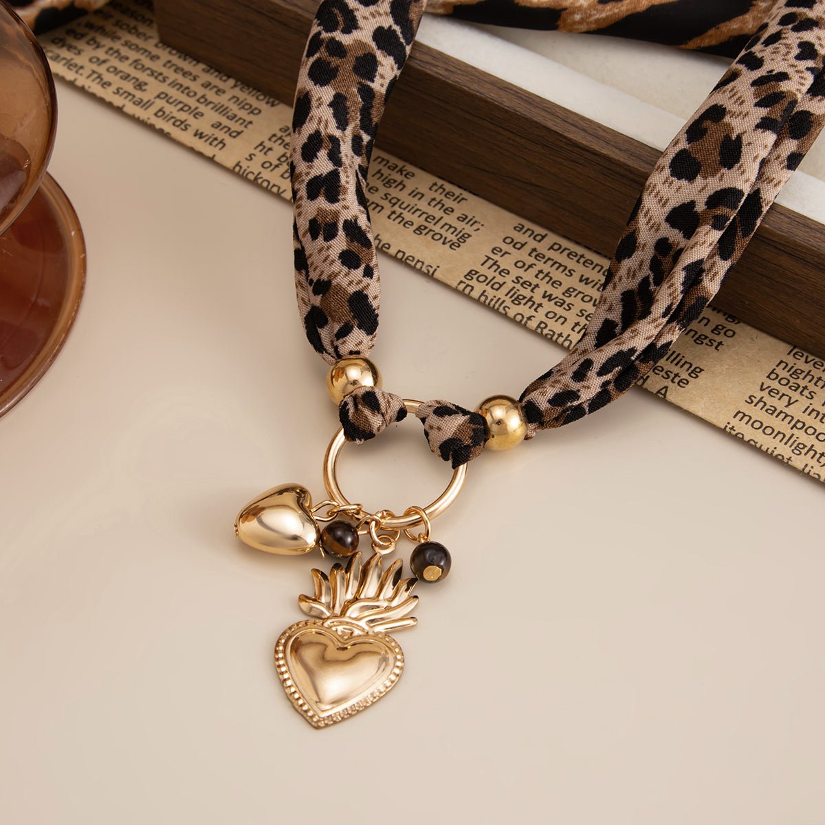 Tiger Eye Stone Heart Pendant Leopard Print Chiffon Choker Necklace - ArtGalleryZen