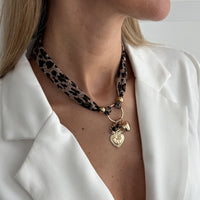 Thumbnail for Tiger Eye Stone Heart Pendant Leopard Print Chiffon Choker Necklace - ArtGalleryZen