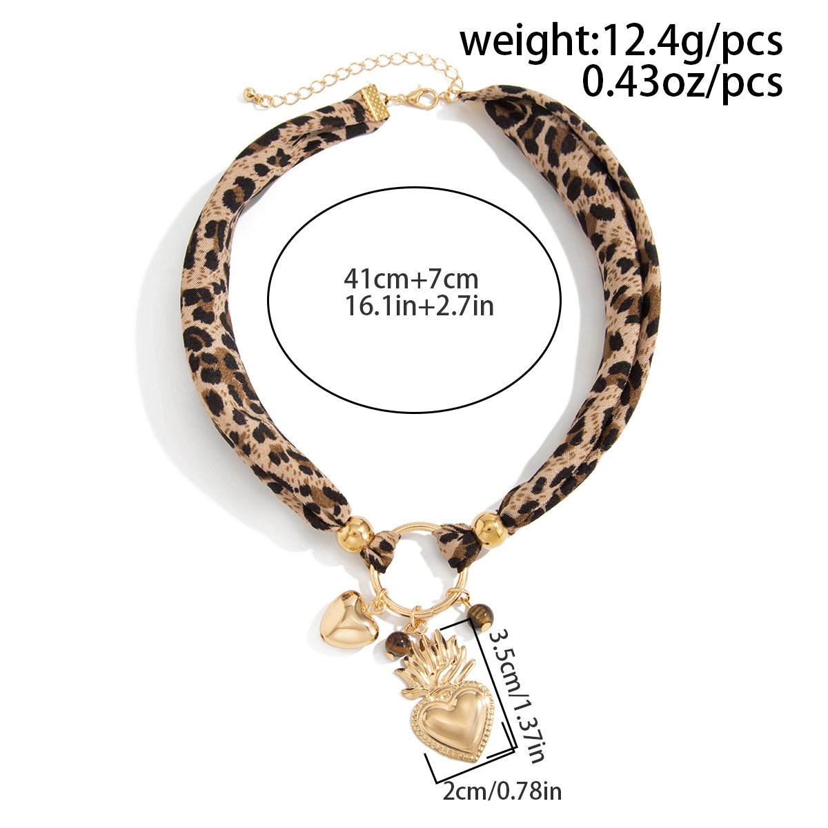 Tiger Eye Stone Heart Pendant Leopard Print Chiffon Choker Necklace - ArtGalleryZen