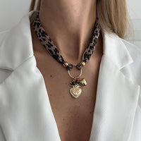 Thumbnail for Tiger Eye Stone Heart Pendant Leopard Print Chiffon Choker Necklace - ArtGalleryZen