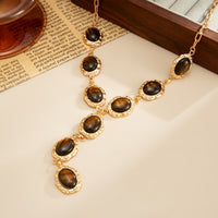 Thumbnail for Tiger's Eye Oval Disk Y Necklace Vintage Gold Gemstone - ArtGalleryZen - ArtGalleryZen