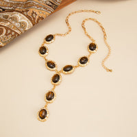 Thumbnail for Tiger's Eye Oval Disk Y Necklace Vintage Gold Gemstone - ArtGalleryZen - ArtGalleryZen