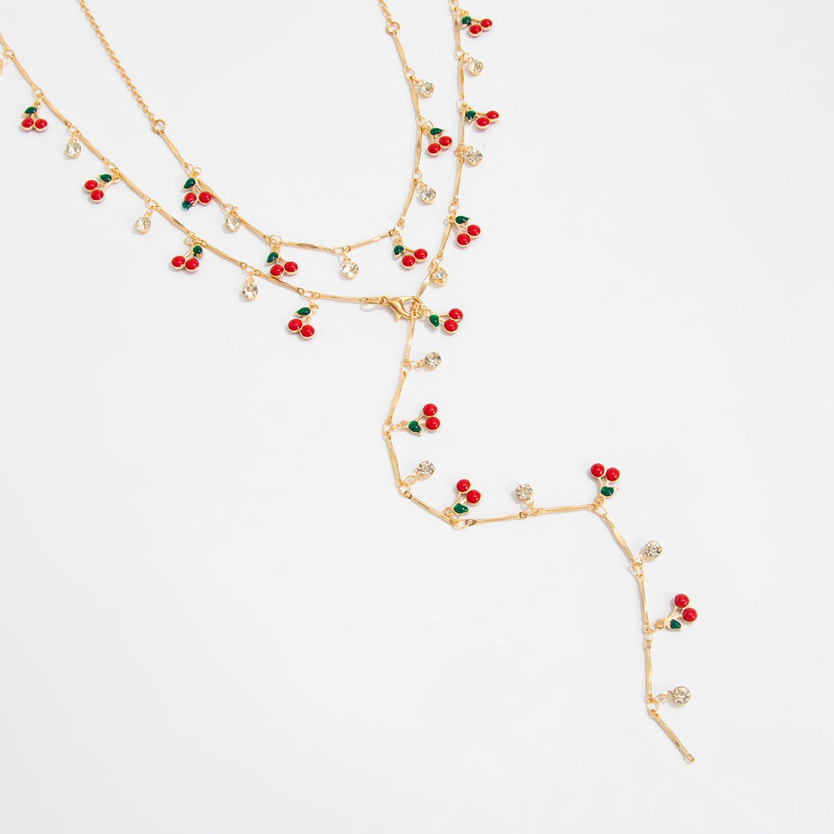 Trendy 2pcs Enamel Cherry Rhinestone Charm Y Necklace Set - ArtGalleryZen