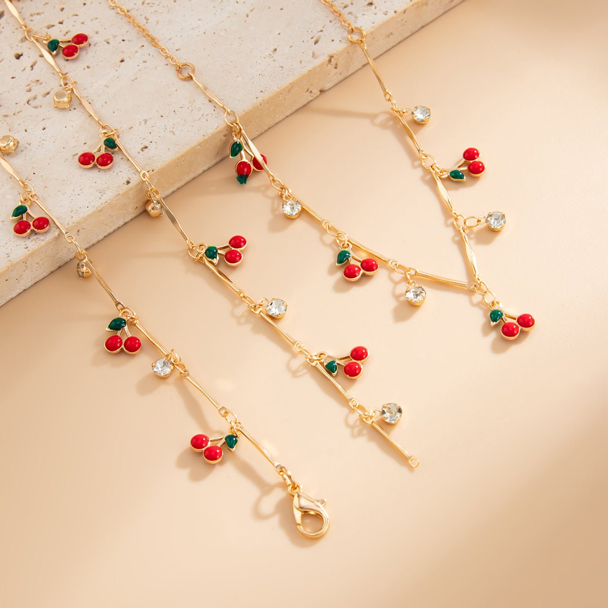 Trendy 2pcs Enamel Cherry Rhinestone Charm Y Necklace Set - ArtGalleryZen