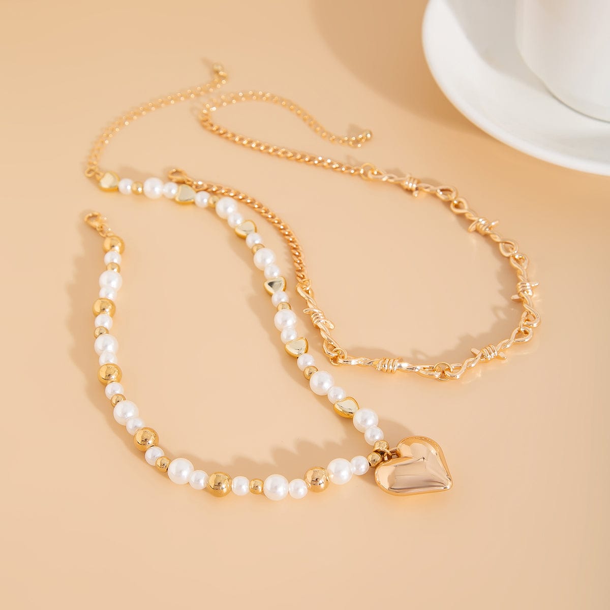 Trendy 2pcs Gold Silver Plated Heart Pendant Pearl Necklace Set - ArtGalleryZen